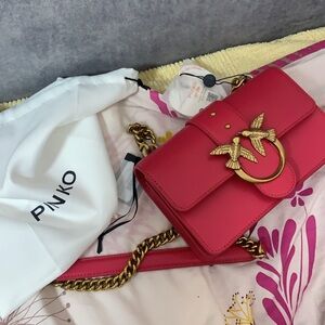 Pinko Gold and Pink Crossbody Bag with Bird Clasp